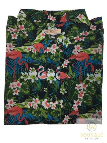 Mens Oahu Hawaiian Party Shirt Button Hippie Tops Short Sleeve Beach Holiday - Garden Flamingo (1423) - M