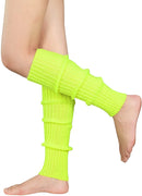 Pair of Womens Leg Warmers Disco Winter Knit Dance Party Crochet Legging Socks Costume - Fluro Yellow