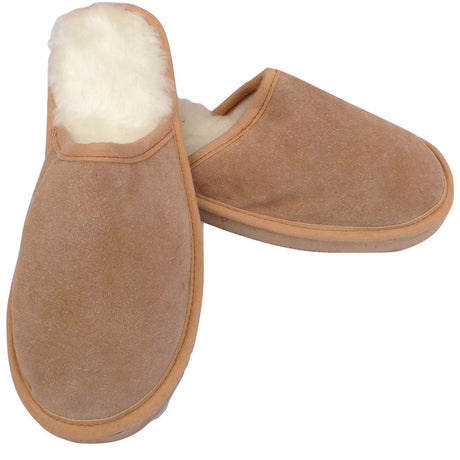 100% Sheepskin Moccasin Slippers Winter Genuine Scuffs Slip On Mens Womens - Chestnut (without fur) - 9