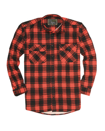 Mens Flannelette Long Sleeve Shirt 100% Cotton Check Authentic Flannel - Full Placket - Red  - M
