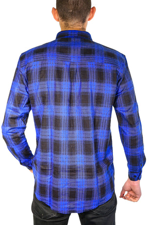 Mens Flannelette Long Sleeve Shirt 100% Cotton Check Authentic Flannel - Full Placket - Royal Blue  - XL