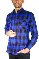 Mens Flannelette Long Sleeve Shirt 100% Cotton Check Authentic Flannel - Full Placket - Royal Blue  - XL