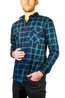 Mens 100% Cotton Flannelette Shirt Long Sleeve Check Authentic Flannel - Green/Navy - XXL