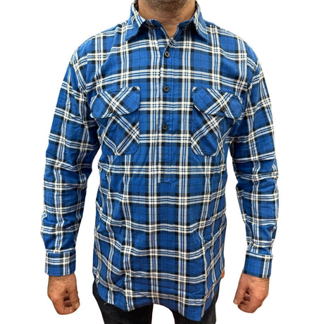 Mens Flannelette Long Sleeve Pullover Shirt 100% Cotton Flannel - Half Placket - Navy - 5XL