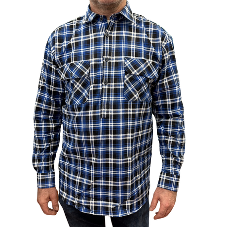 Mens Flannelette Long Sleeve Pullover Shirt 100% Cotton Flannel - Half Placket - Blue/Black - 3XL