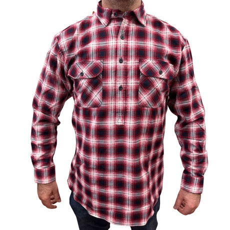 Mens Flannelette Long Sleeve Pullover Shirt 100% Cotton Flannel - Half Placket - Red/Navy - 8XL