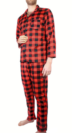 Mens Flannelette Pyjama Set 100% Cotton Long Sleeve Pants Soft Warm PJs - Red - 5XL