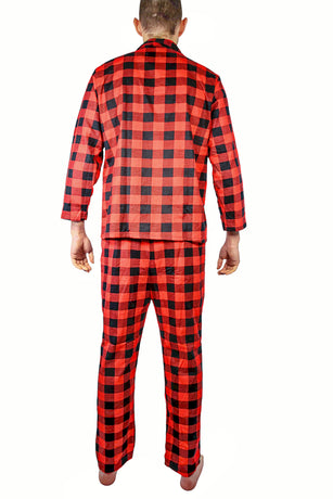Mens Flannelette Pyjama Set 100% Cotton Long Sleeve Pants Soft Warm PJs - Red - 5XL