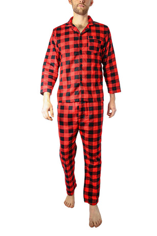 Mens Flannelette Pyjama Set 100% Cotton Long Sleeve Pants Soft Warm PJs - Red - XL