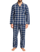 Mens Flannelette Pyjama Set Sleepwear Soft 100% Cotton PJs - Blue Check - 6XL