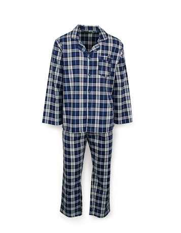 Mens Flannelette Pyjama Set Sleepwear Soft 100% Cotton PJs - Blue Check - L