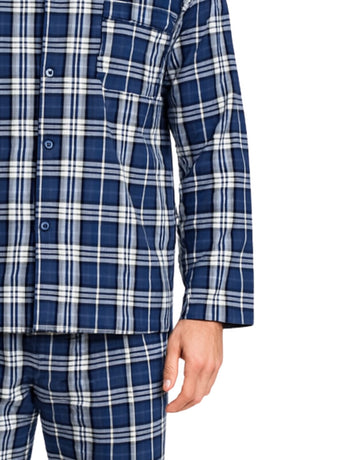 Mens Flannelette Pyjama Set Sleepwear Soft 100% Cotton PJs - Blue Check - S