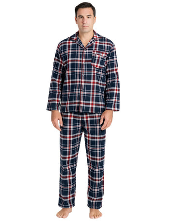 Mens Flannelette Pyjama Set Sleepwear Soft 100% Cotton PJs Two Piece - Navy/Red Check - S