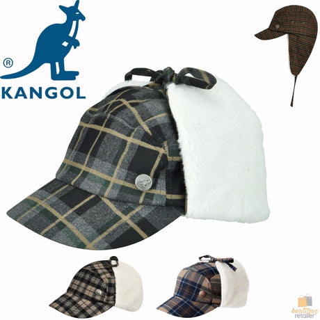 KANGOL Plaid Supre Ushanka Sherpa Chullo Lined Hat Warm Winter Ear Trapper Flying - Black/Grey - L/XL