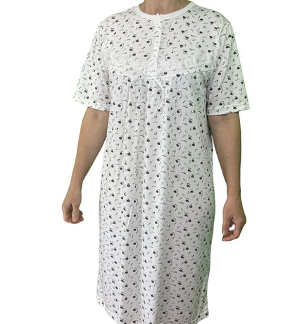 Womens Ladies Cotton Nightie Night Gown Slip Petticoat PJs Sleepwear Dress - White/Purple - 16