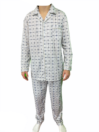 Mens Cotton Pyjama Set Long Sleeve Button Shirt Pants Sleepwear PJs - White/Blue - S