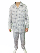 Mens Cotton Pyjama Set Long Sleeve Button Shirt Pants Sleepwear PJs - White/Blue - XL