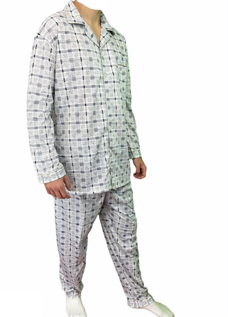 Mens Cotton Pyjama Set Long Sleeve Button Shirt Pants Sleepwear PJs - White/Blue - XXL