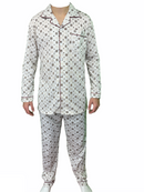 Mens Cotton Pyjama Set Long Sleeve Button Shirt Pants Sleepwear PJ - White/Brown - M