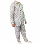 Mens Cotton Pyjama Set Long Sleeve Button Shirt Pants Sleepwear PJ - White/Brown - M