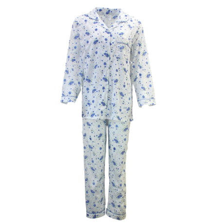 Womens PYJAMAS PJs Set Pajamas Ladies Cotton PJ Womens Long Sleeve Sleepwear - Blue - 16
