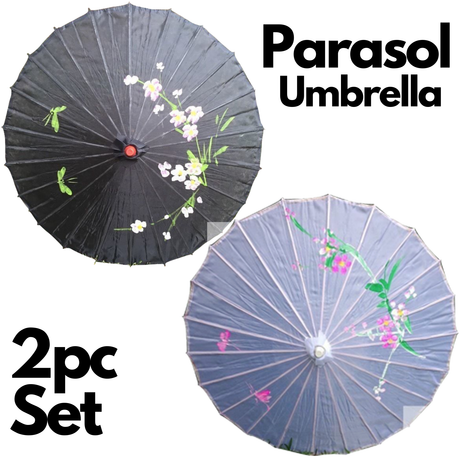 2pc Set Parasol Umbrella Black + White Chinese Japanese Bamboo Flower Pattern