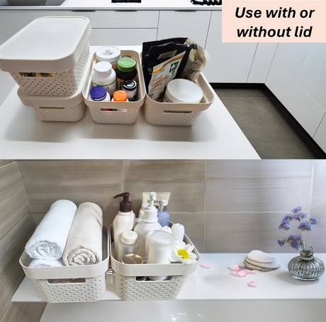 24x 5L Premium Plastic Storage Basket Container Box w/ Lid Dot Pattern (26.5*18*12.5cm)