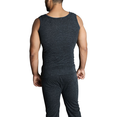 Mens THERMAL Merino Wool Blend Singlet Top Sleeveless Warm Underwear - Black - Black - L