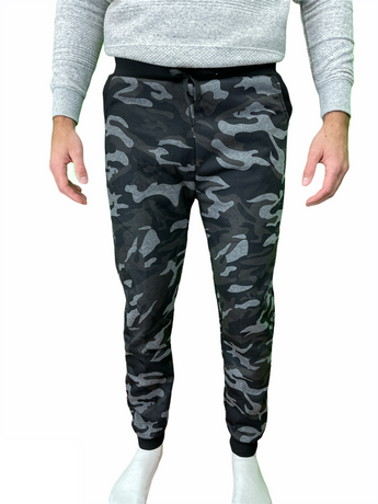 Mens Camouflage Track Pants Fleece Lined Jogger Camo Sweatpants Trackies - Black/Grey - Small/Medium (28