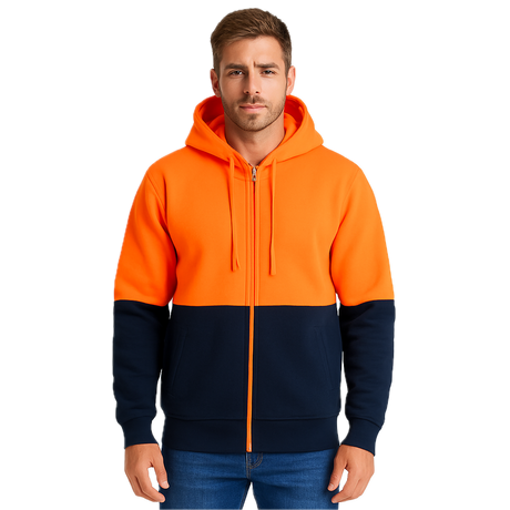 HI VIS Jumper Full Zip Hoodie Safety Workwear Fleecy Fleece Jacket Hooded in Orange/Navy - S