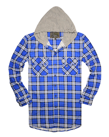 Mens Cotton Flannelette Shirt w Jersey Hood Long Sleeve Flannel - Spanish Blue - 5XL