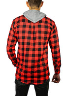 Mens Cotton Flannelette Shirt w Jersey Hood Long Sleeve Flannel - Red/Black - L