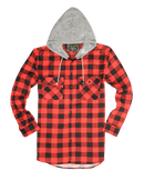 Mens Cotton Flannelette Shirt w Jersey Hood Long Sleeve Flannel - Red/Black - M