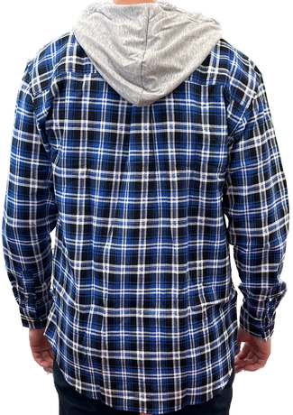 Mens Cotton Flannelette Shirt w Jersey Hood Long Sleeve Flannel - Denim - XL