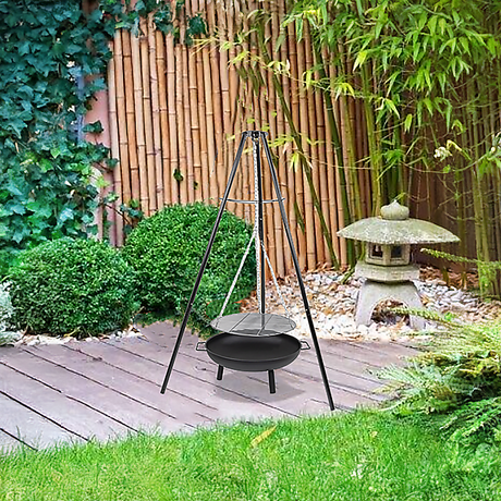 Tripod Garden Fire Pit BBQ – Cast Iron & Steel Round Outdoor Fire Bowl