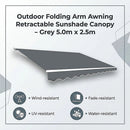 Outdoor Folding Arm Awning Retractable Sunshade Canopy Grey 5.0m x 2.5m