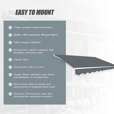 Outdoor Folding Arm Awning Retractable Sunshade Canopy Grey 5.0m x 2.5m