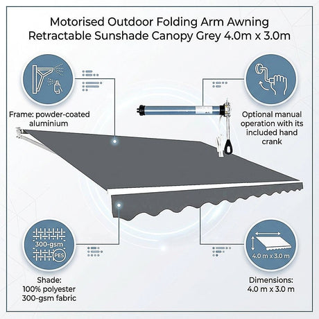 Motorised Outdoor Folding Arm Awning Retractable Sunshade Canopy Grey 4.0m x 3.0m