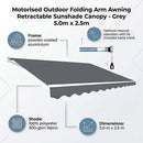Motorised Outdoor Folding Arm Awning Retractable Sunshade Canopy Grey 5.0m x 2.5m