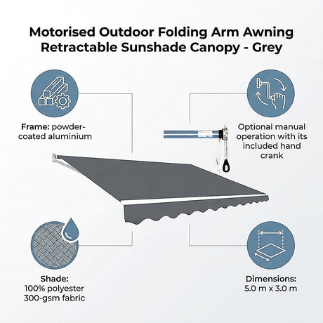 Motorised Outdoor Folding Arm Awning Retractable Sunshade Canopy Grey 5.0m x 3.0m