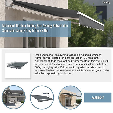 Motorised Outdoor Folding Arm Awning Retractable Sunshade Canopy Grey 5.0m x 3.0m