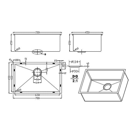 700x450mm Handmade Stainless Steel Undermount / Topmount Kitchen Laundry Sink with Waste