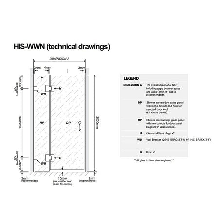 120x120cm Corner Frameless Shower Screen with Black Brackets and Brass Hinges, Round Knob Handle