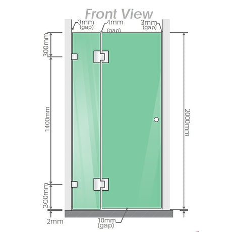 110x90cm Corner Frameless Shower Screen with Gunmetal Brackets and Brass Hinges, Round Handle