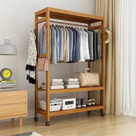 Wooden Clothes Rail with Shelves & Wheels – Open Wardrobe Rack Stand