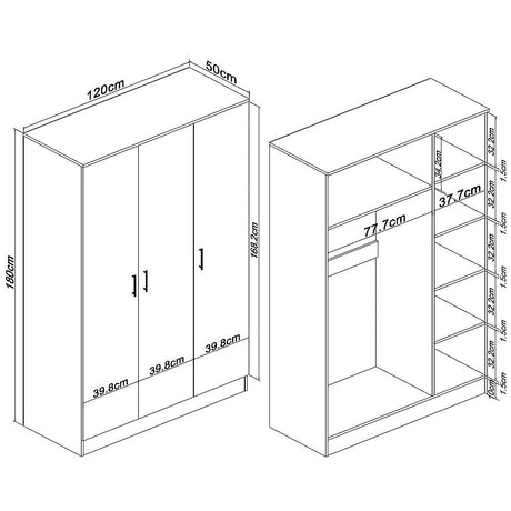3 Door White Gloss Wardrobe – White Handles, Hanging Rail & Shelves