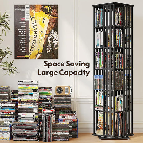 360 Rotating Bookshelf Bamboo Storage Display Rack Shelving in Black