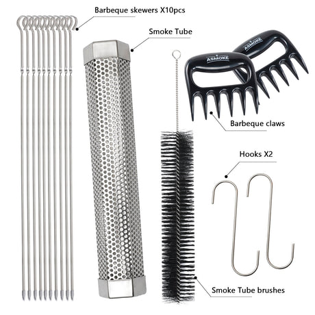 ASMOKE Essential Smart Portable Wood Pellet Grill & Pitmaster Accessory Bundle - Includes 10x Skewers, Heavy-Duty Meat Claws, Smoke Tube & 20lb Applewood Pellets