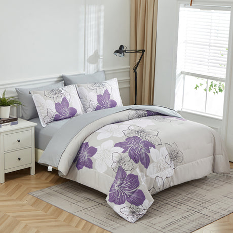 Floral Comforter Set, Queen/King Size, Purple Floral 3-Piece Bedding, Lightweight Microfiber