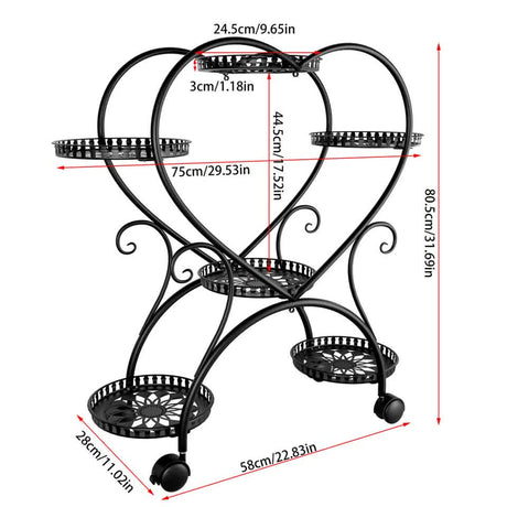 6 Potted Heart-shaped Metal Tall Plant Stand Rolling Garden Cart Flower Racks AU